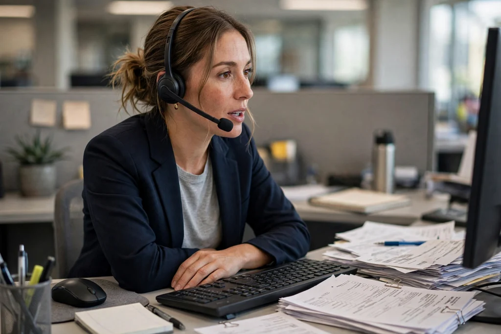 Medical biller making a follow-up phone call about an unpaid insurance claim — AR follow-up cadence for practices