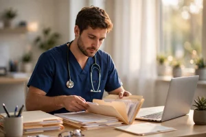 New physician organizing credentialing paperwork and folders at a desk — CAQH credentialing process steps guide