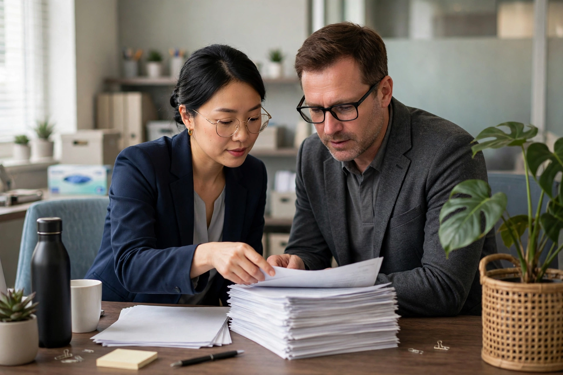 Two billing specialists reviewing a stack of claim reports together at an office desk — working denied claims as a team
