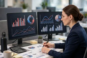 Medical billing staff reviewing denied claims at a desk with monitors — denial management in medical billing process