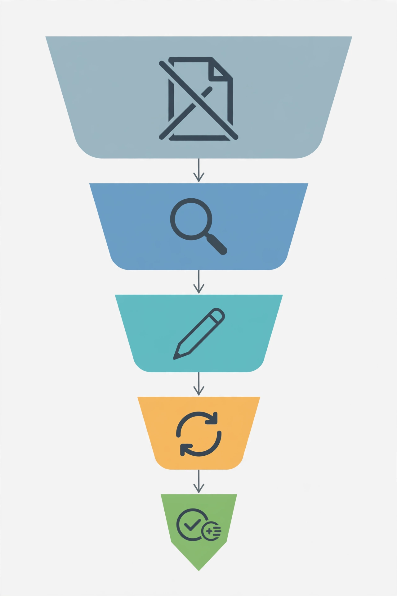 Funnel diagram showing a denied claim moving through review, correction, and resubmission to payment — denial workflow
