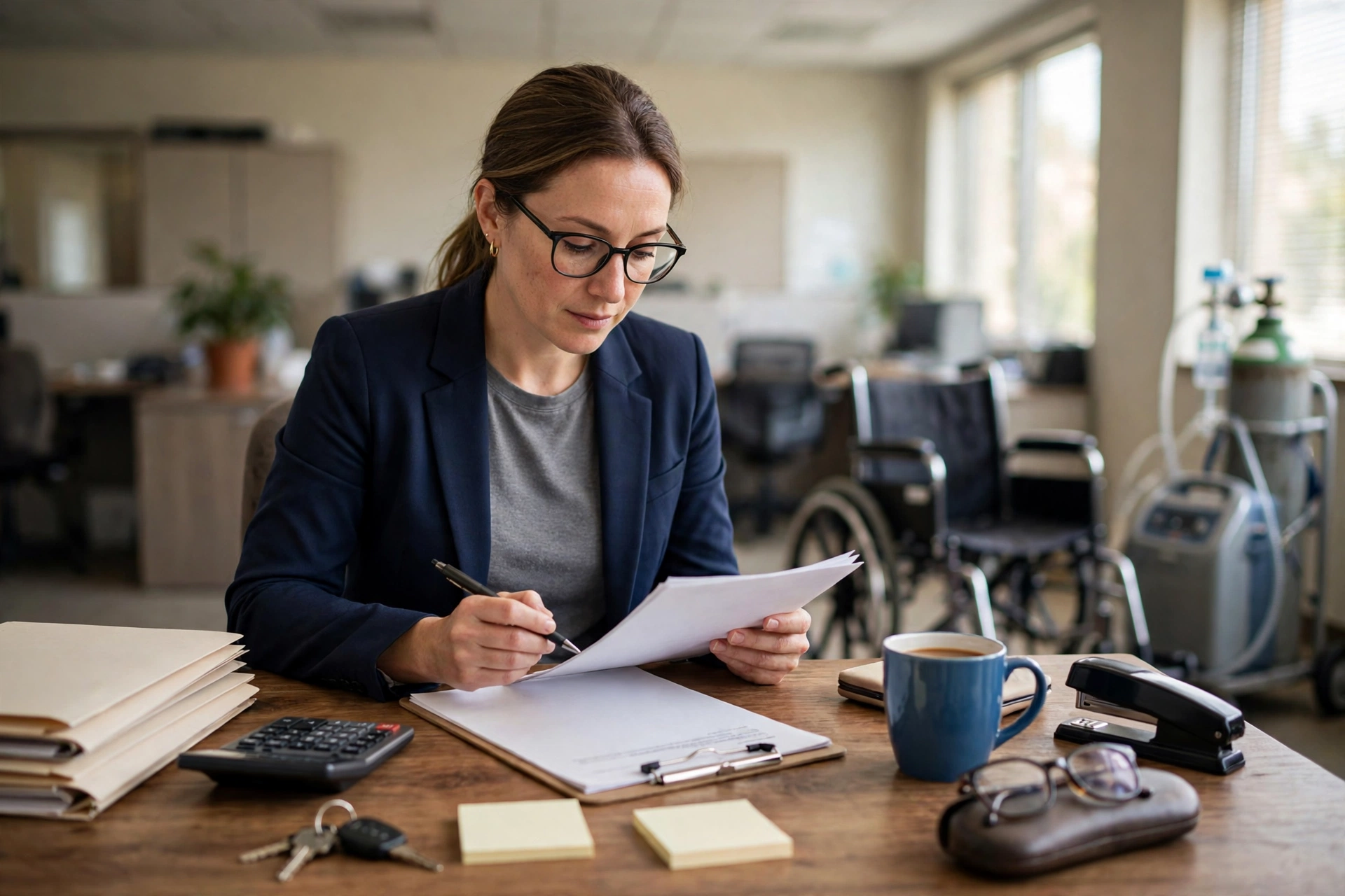 Billing specialist reviewing DME delivery paperwork at an office desk — documentation checks before claim submission