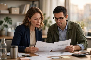 Practice manager reviewing billing reports with a billing specialist in a medical office — in-house vs outsourced medical billing cost comparison