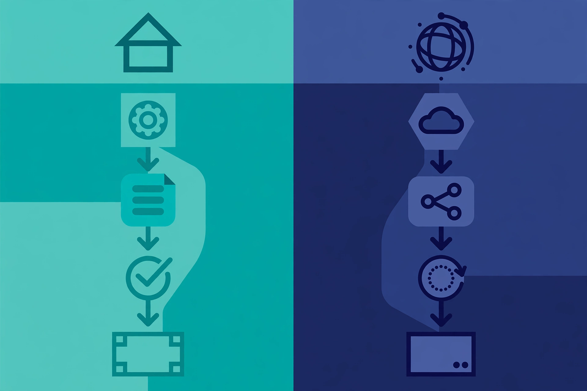 Split-panel infographic comparing in-house and outsourced billing workflows — medical billing pricing models visual