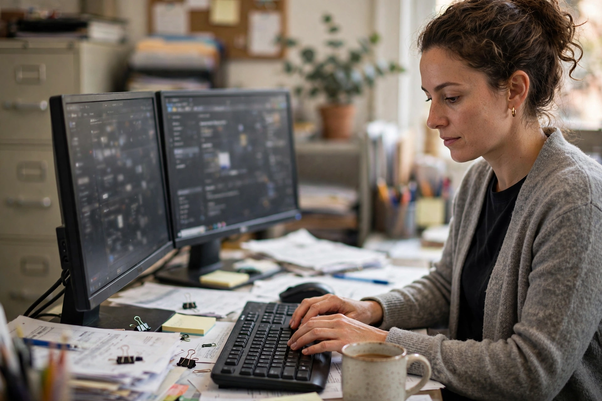 Medical biller submitting insurance claims at a dual-monitor workstation — cost of in-house billing staff for small practices