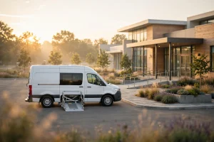 Wheelchair-accessible NEMT van outside a medical clinic at sunrise — NEMT billing services guide