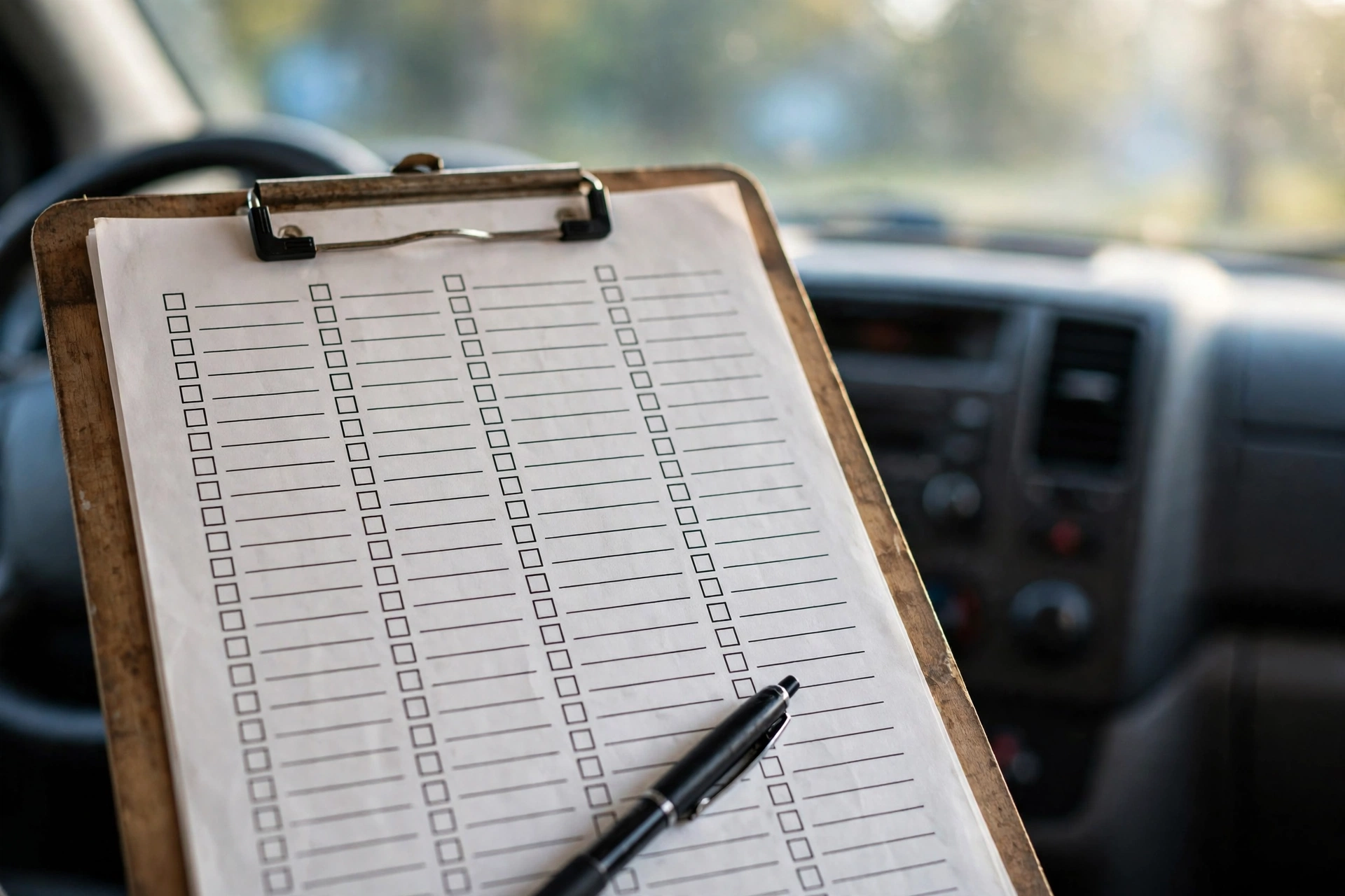 Driver trip log checklist with pen on a clipboard — NEMT claim documentation
