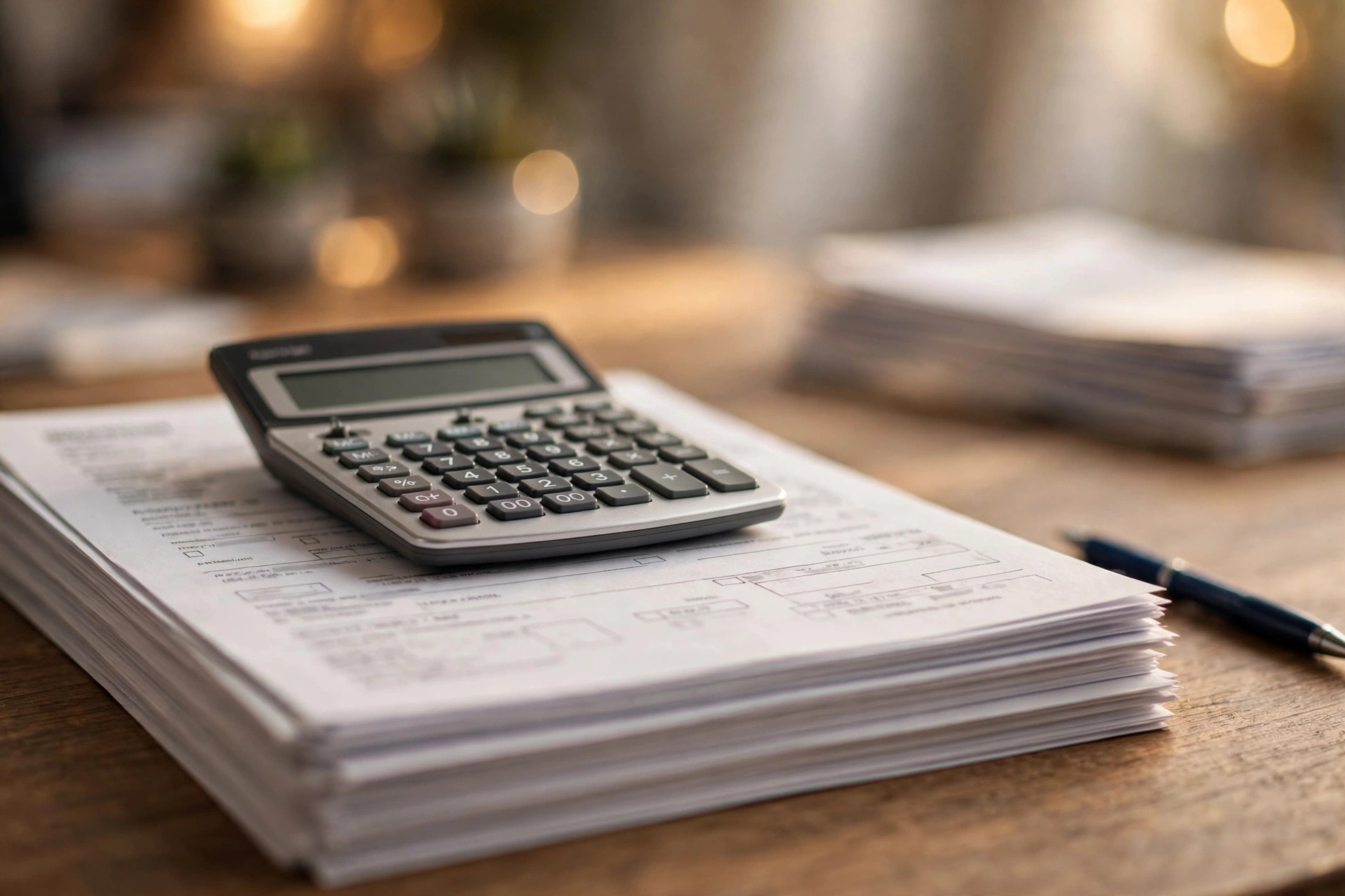 Calculator resting on a stack of medical invoices and billing statements — medical billing outsourcing pricing models