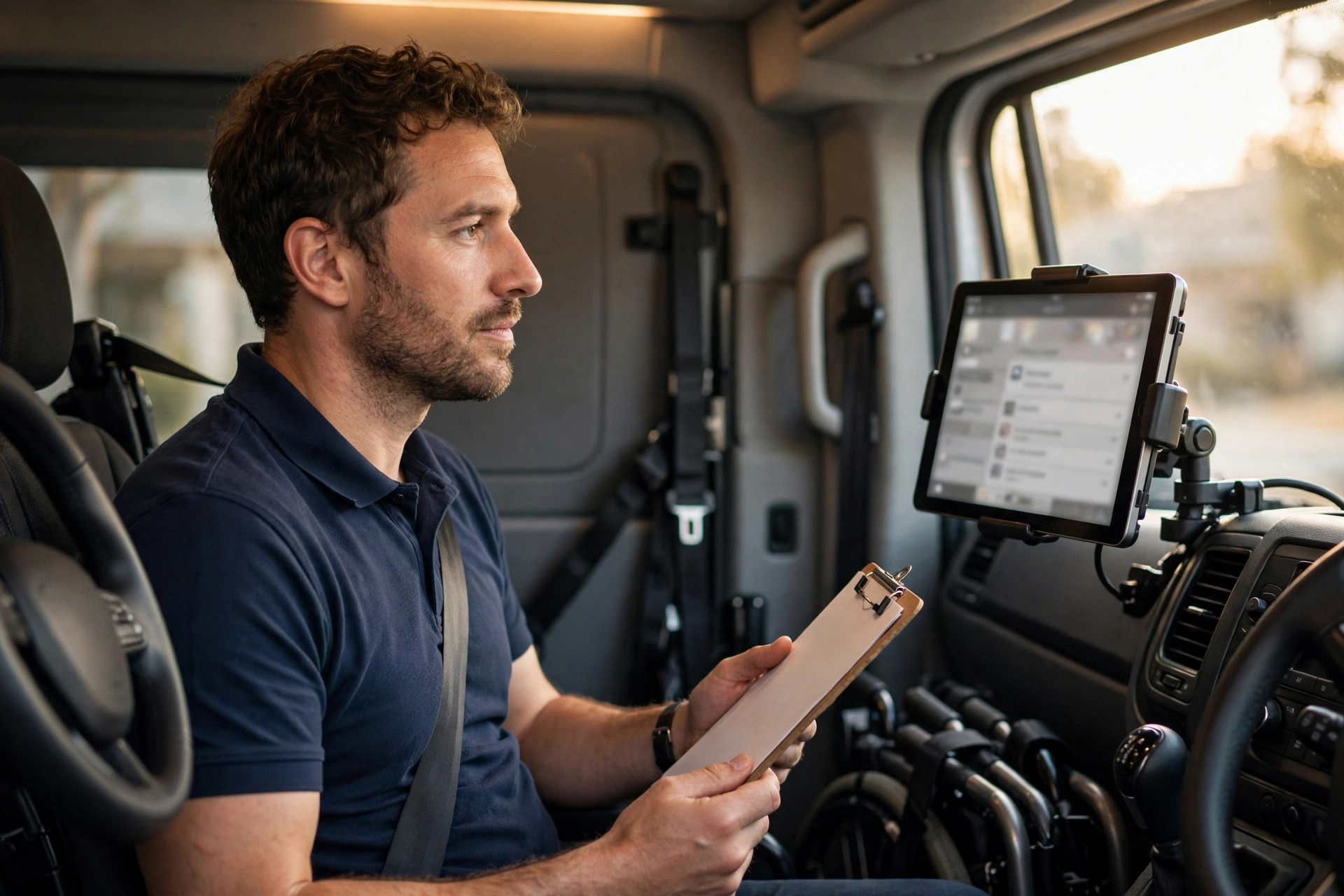 NEMT driver verifying trip details on a mounted tablet in the van