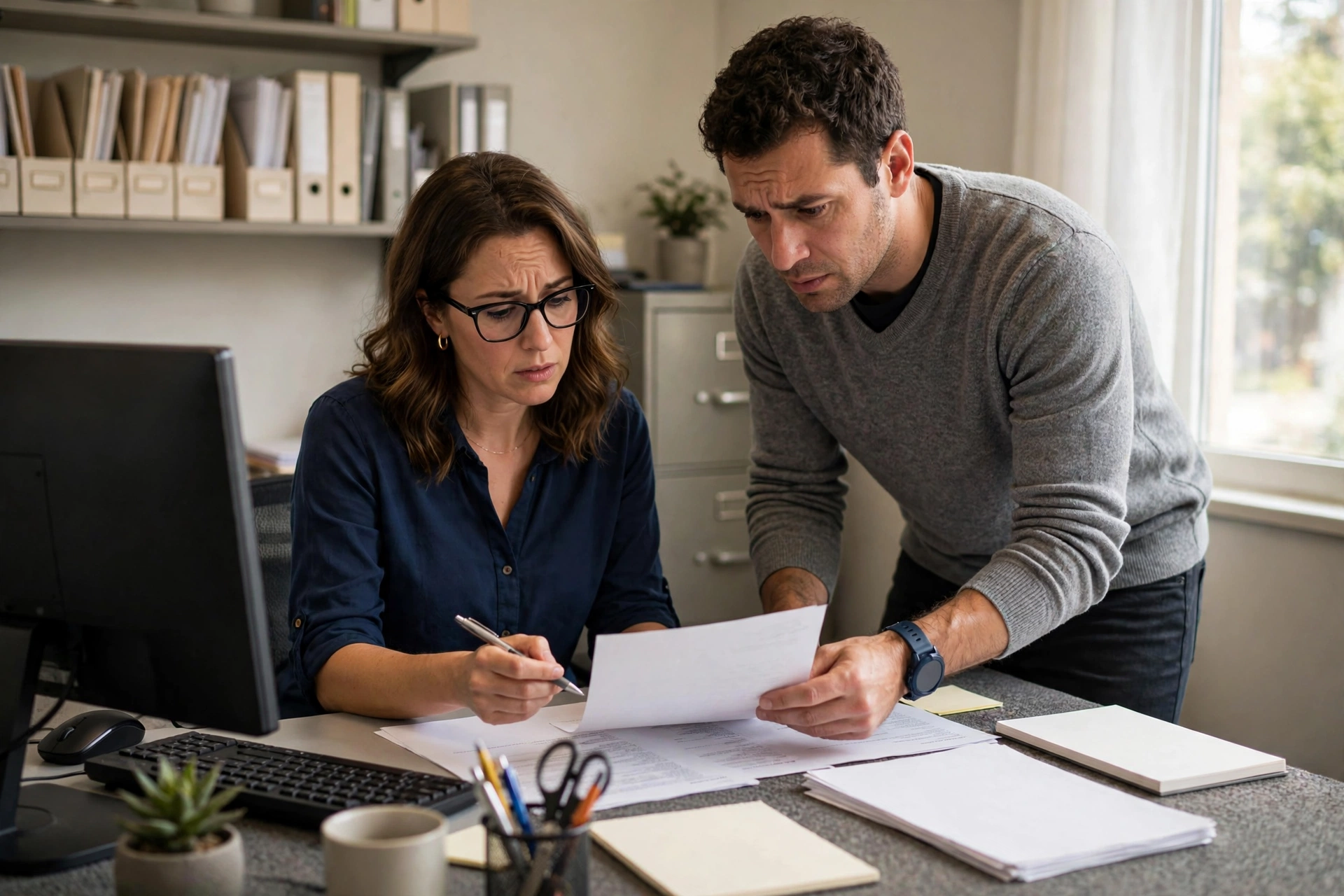 Billing specialist reviewing printed claims with a coworker in a medical billing office — therapist claim denial patterns