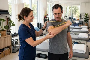 Physical therapist guiding a patient through a shoulder exercise with a resistance band in a bright clinic — physical therapy billing 8-minute rule guide