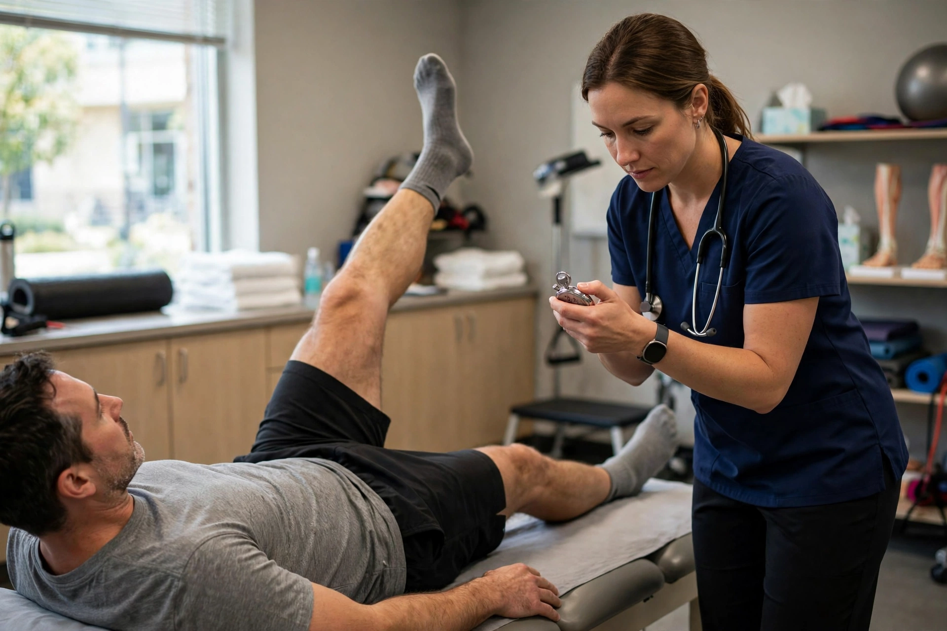 Physical therapist checking a stopwatch during a patient's guided leg exercise — timed therapy session example