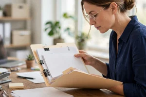 Billing office administrator reviewing a provider credentialing application folder — how long does provider credentialing take 2026 guide