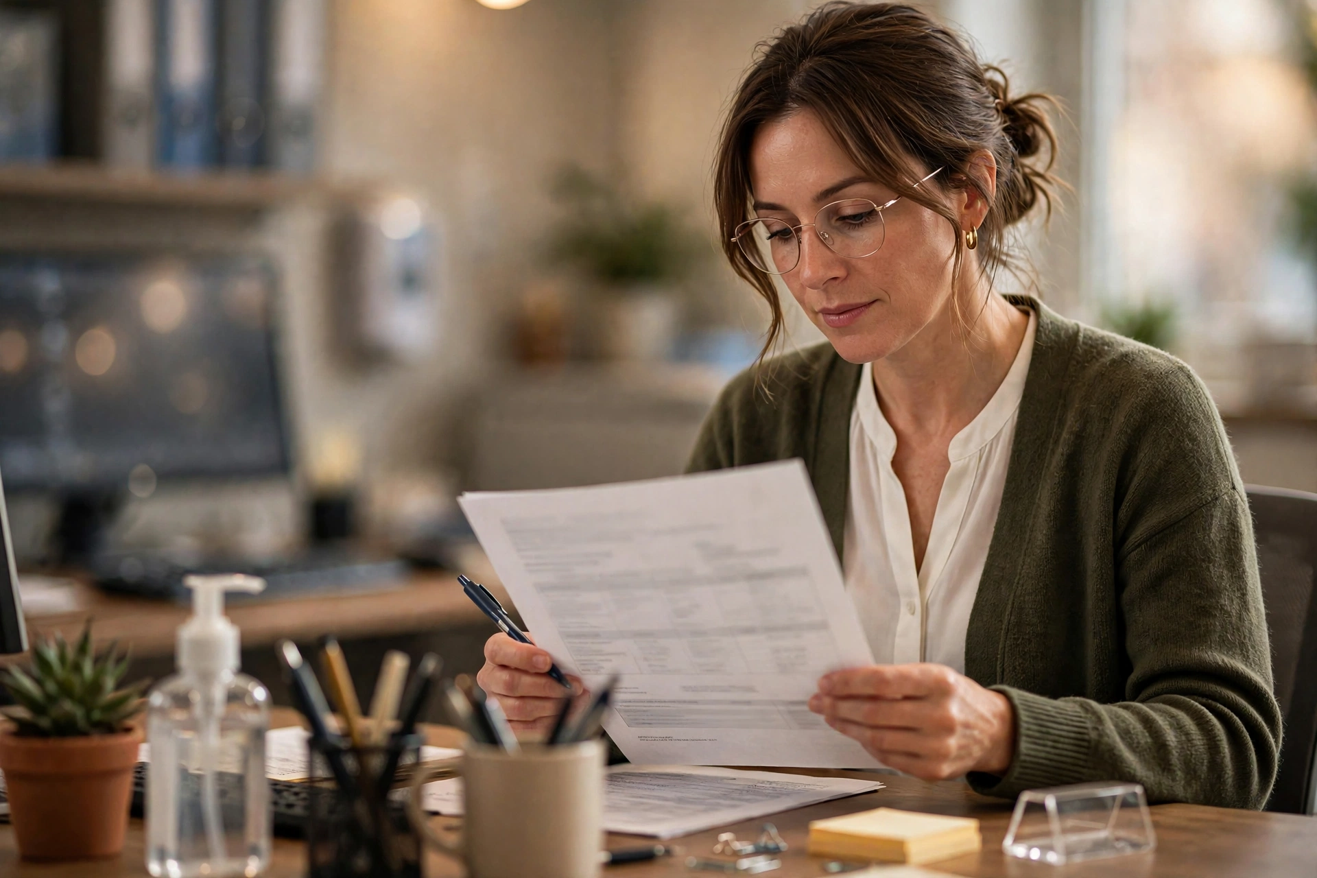 Office manager reviewing a monthly collections report at a desk — vetting a billing vendor's performance claims