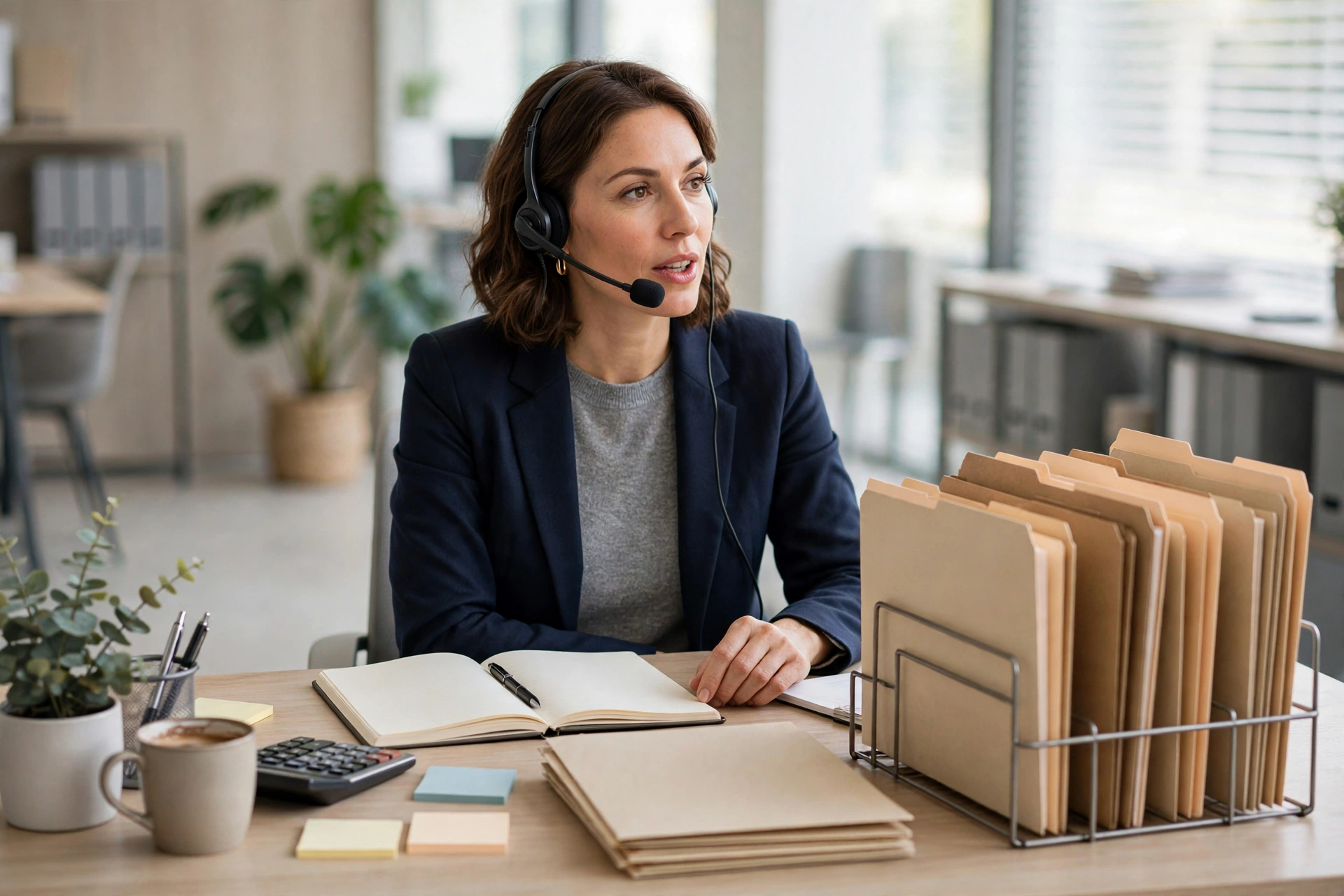 Photo-style illustration of a billing specialist working payer follow-up calls on a headset