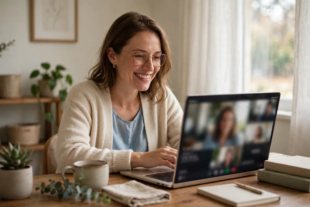 Therapist conducting a video telehealth session from a quiet home office — fixing telehealth modifier denials