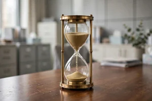 Hourglass sitting on a desk in a modern medical office — timely filing limit by payer guide