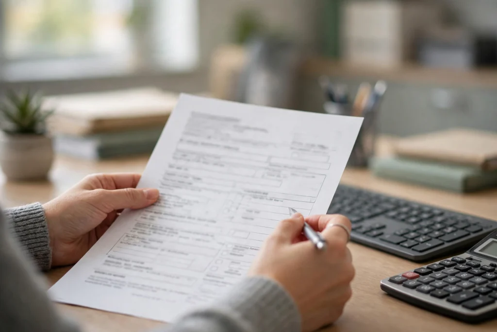 Medical billing specialist reviewing a claim at a desk