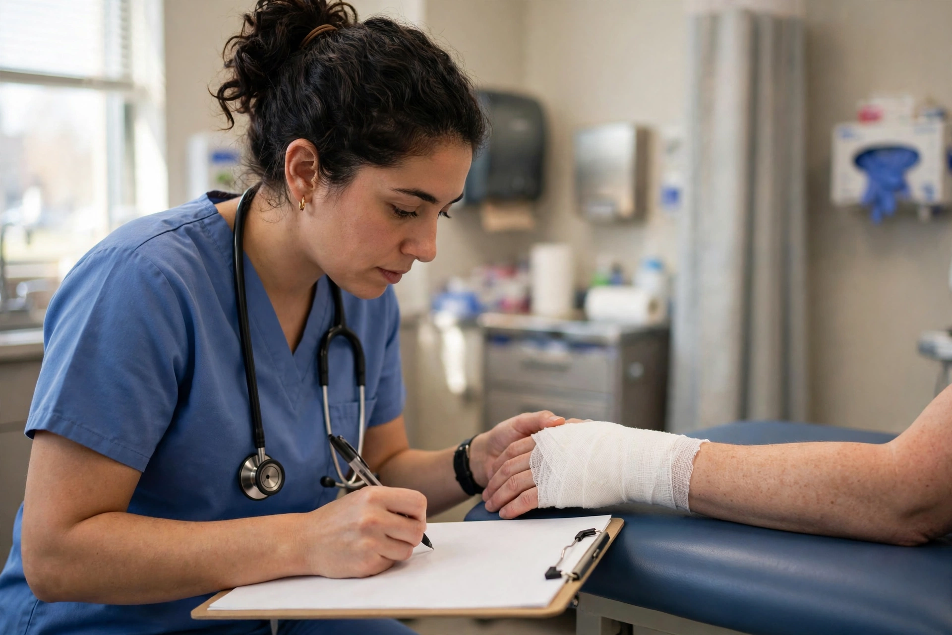 Clinician examining a patient’s injured hand in an urgent care exam room — documenting a separately identifiable visit
