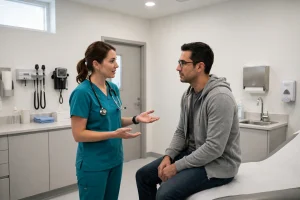 Urgent care clinic exam room with a clinician treating a patient — urgent care billing modifier 25 guide
